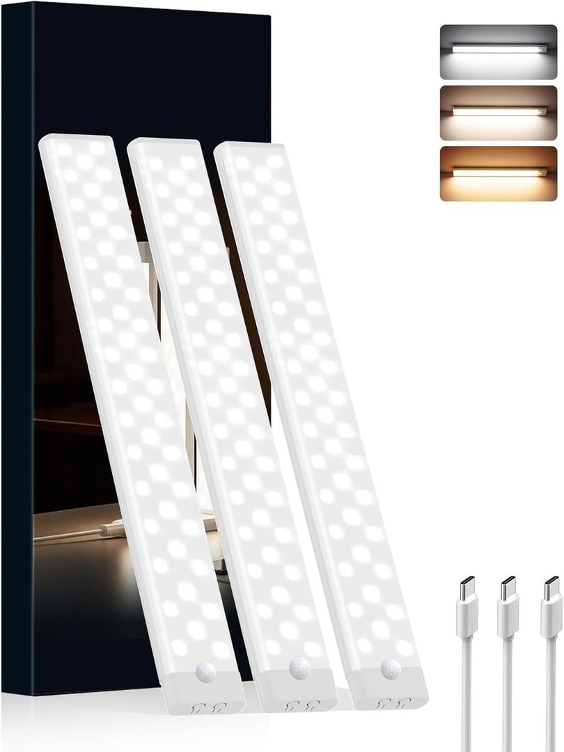 Under Cabinet Lighting Wireless, 3 Packs Rechargeable Motion Sensor Light Indoor Disassembled, 3 Color Temps Closet Light Stick on, 8 Inches Under Counter Lights for Kitchen, Wardrobe, Bedroom
