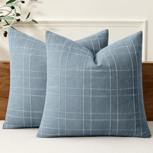 MIULEE Decorative Linen Check Throw Pillow Covers Neutral Farmhouse Vintage Pillow Covers 20x20 Set of 2 Boho Modern Home Decor for Sofa Couch Bedroom Cushion Blue Grey
