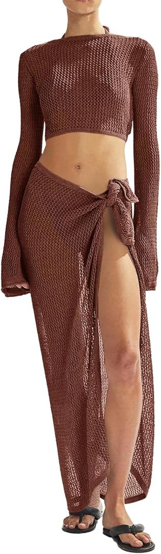 Women's Swimsuits Cover Ups Set for Crochet Bathing Suit Hollow Out 2 Piece Bikini Coverup Beach Swimwear (Brown, S)