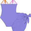 Funnycokid Girls One Piece Swimsuit Color Block Teen Bathing Suit with Pad Cover Up Skirt(7-16Y)