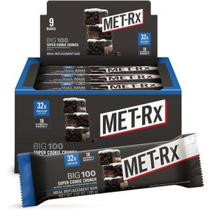 MET-Rx Big 100 Protein Bar, Meal Replacement Bar, 32G Protein, Super Cookie Crunch, 3.52 Oz (Pack of 9) (EXP 05/30/27)