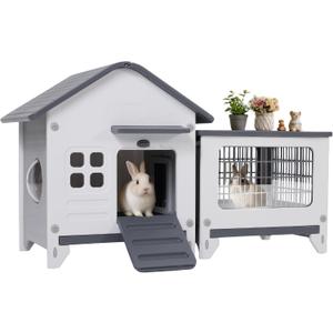Rockever Plastic Rabbit Cage Outdoor Indoor, Waterproof Rabbit Hutch-Leak-Proof Pull-Out Tray&Chew-Proof, Bunny Cage Guinea Pig Cages with Run, Easy-Clean & Ideal for Small Animal(Grey)