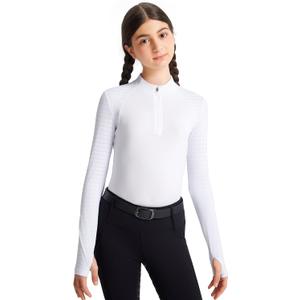 FitsT4 Sports Girls Long Sleeve Equestrian Shirt Summer Horse Riding Shirts Half Zip Horseback Show Shirt Athletic Tops (Small, White)