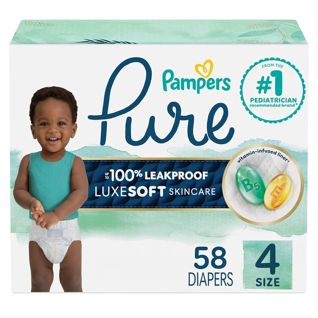 Pampers Pure Protection Baby Diapers, Size 4 (22-37 lbs), 58 Count, Up to 100% Leakproof, Premium Plant-based Skin Protection, Hypoallergenic Soft Diapers
