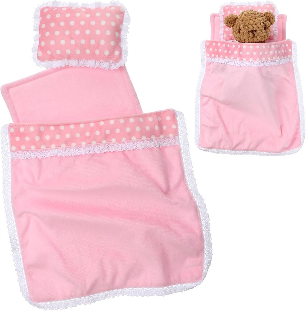 3Pcs Baby Doll Accessories Dolls Bedding Kit Playset Soft Pink Polka Dot Baby Doll Blanket Mattress Pillow Fits 8-12 Inches Dolls for Girls Dollhouse Gifts Bedding Accessories