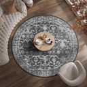 6ft Round Washable Area Rugs for Living Room, Vintage Boho Large Rug for Bedroom Dining Room Office, Distressed Floral Print Carpet for Under Table, Soft Non Slip Low Pile Throw Indoor Mat, Black