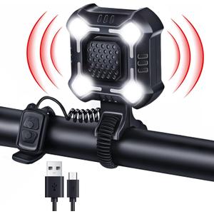 140dB Electric Bike Horn with Front Light, 2 in 1 Bicycle Horn 6 Sound Modes USB Rechargeable, Bike Bell with Large Range Floodlight Bike Horn for Adults Kids Bike Scooter Ebike, IPX6 Waterproof