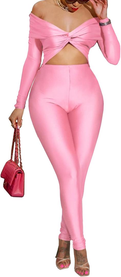 Sexy Long Sleeve Jumpsuit for Women, Twsit Knot Cut Out Bodycon Night Club Off the Shoulder Outfits (Small, Pink)