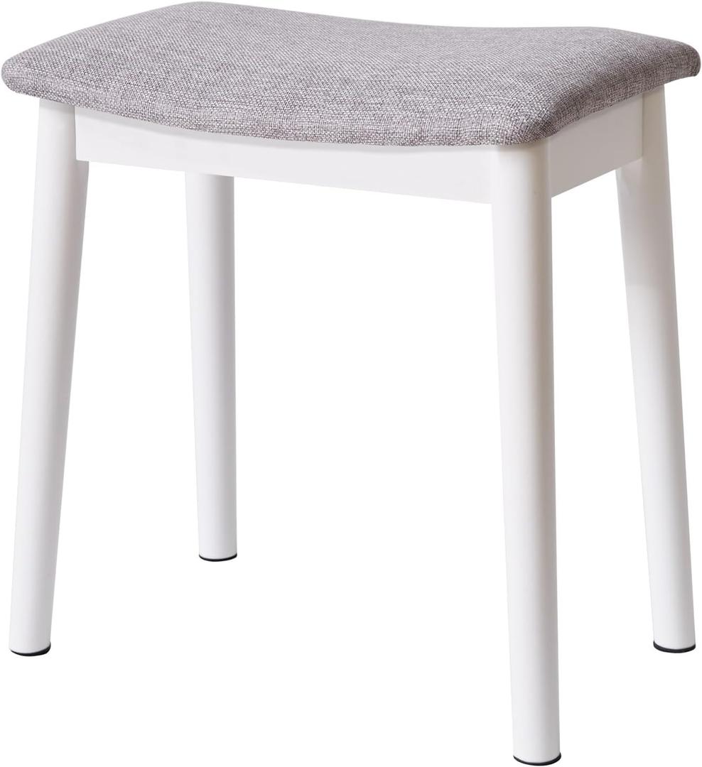 IBUYKE Saddle Cushion Vanity Stool Chair, Foot Rest Stool with Solid Wood Legs, Modern Vanity Bench Ottoman for Piano, Upholstered Seat for Bedroom, Entryway, White Legs&Light Gray WBD007WG