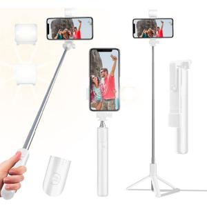 Selfie Stick Tripod, 40 in Retractable Tripod for iPhone with Wireless Remote Control & Light, Portable Phone Tripod for Photograph, Live Streaming, Video Recording, Compatible with All Cellphones (White)