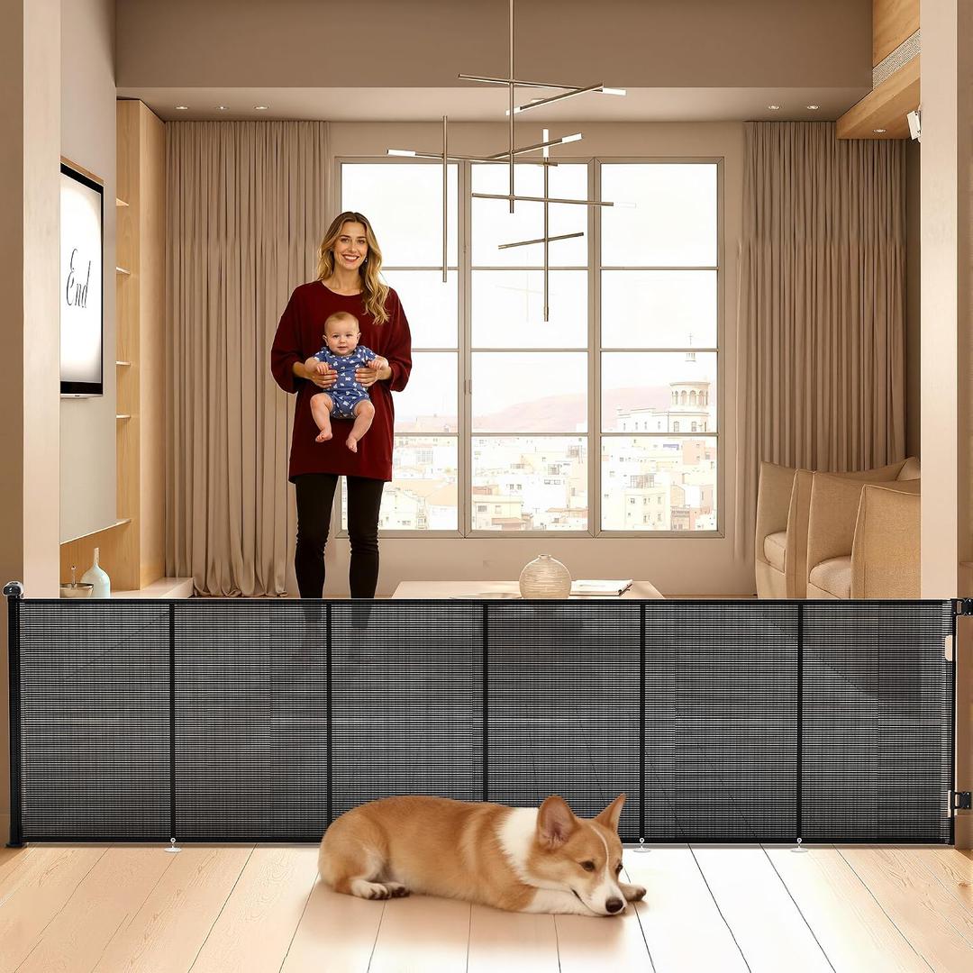 Retractable Baby Gate for Stairs, 42" Tall X 150" Wide Mesh Dog Gate Indoor, Child Gate for Doorways, Hallways, Deck, Indoor Outdoor Pet Baby Safety Essentials for Home, Black, Black, 42"H x 150"W