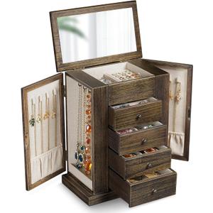 Emfogo Jewelry Box for Women, 5 Layer Large Wood Jewelry Boxes & Organizers for Necklaces Earrings Rings Bracelets, Rustic Jewelry Organizer Box with Rattan, Drawers and Mirror(Vintage)