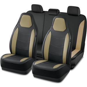 Road Comforts Car Seat Cover, Leather Seat Cover Full Set, Automotive Interior Seat Cover, Universal Fit for Most Cars, SUVs, Trucks, and Vans, Airbag Compatible (Beige)