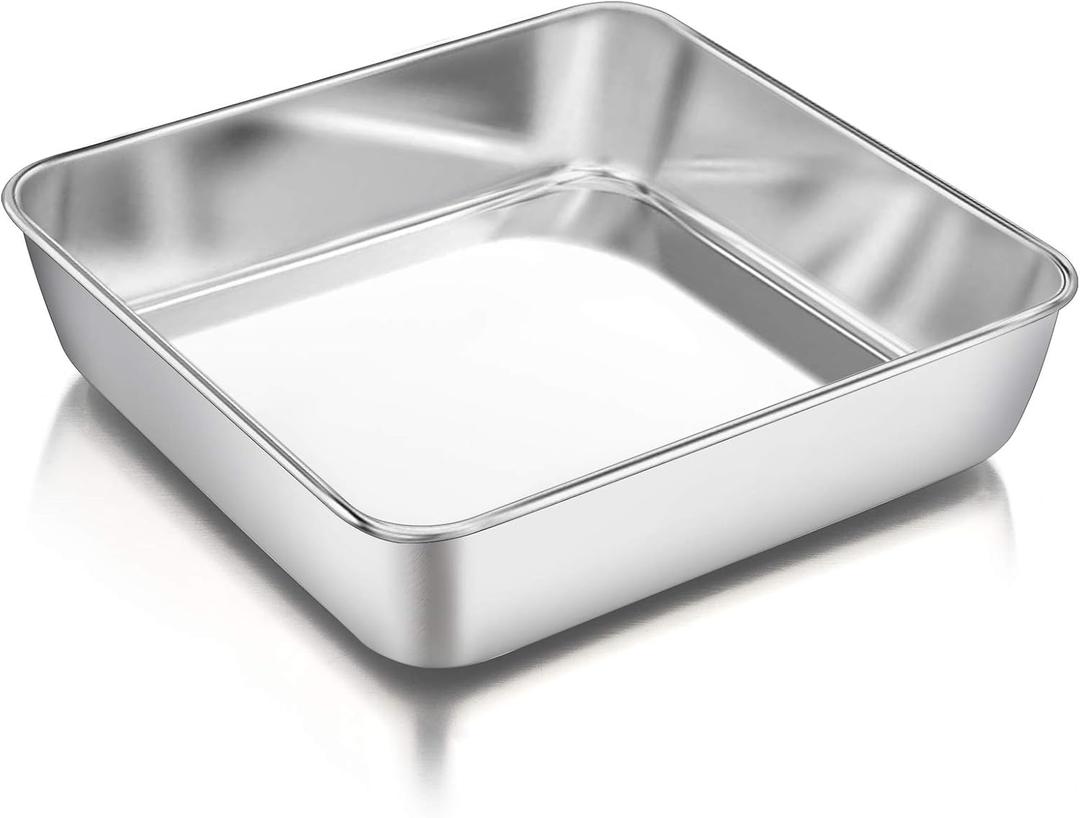 P&P CHEF Square Baking Cake Pans, Small Stainless Steel Lasagna Brownie Pan For Birthday Cake Bread Pie, Non-toxic & Durable, Smooth Rim & Leakproof, Oven & Dishwasher Safe, 8 Inch & 1 Pcs