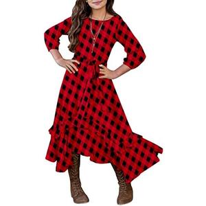 MITILLY Girls Loose Plain 3/4 Sleeve Casual Pocket Ruffle Swing Long Maxi Dress with Belt 6-7Y