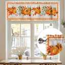 Window Valance Rod Pocket Panel for Kitchen Bedroom Windows Thanksgiving Maple Leaf Fall Pumpkin Harvest Valances Short Curtain Bathroom Treatment Drapes Vintage Wood Board Orange Buffalo Check (54"W x 18"L (Pack of 1))