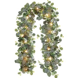 N&T NIETING 1 Pack Artificial Eucalyptus Garland with Lights, 6FT Artificial Greenery Garlands, Battery Operated Twig Vine for Room Stairs Mantle Wedding Holiday Easter Decoration Indoor Outdoor