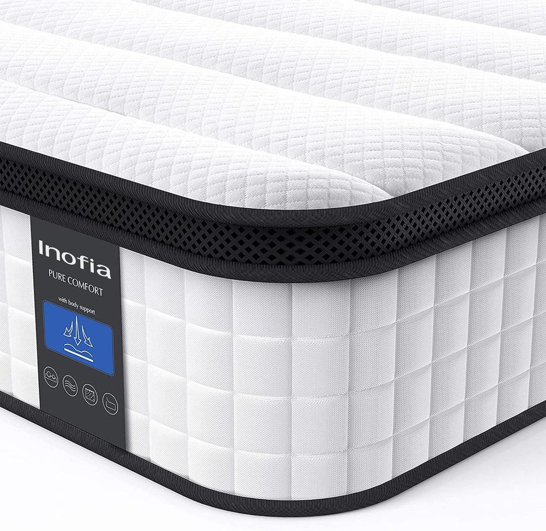 Inofia Twin Mattress, 10 Inch Hybrid Innerspring Single Mattress Cool Twin Bed Supportive & Pressure Relief, Breathable Soft Knitted Fabric Cover, Medium Firmness (Black & white)