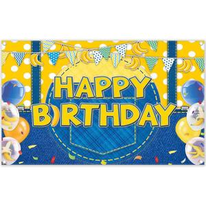 Fabric 72x43inch Yellow Jeans Cartoon Happy Birthday Backdrop Banana Balloon Flag Boy Party Decorations Kids Supplies Photo Booth Props Cake Table Banner