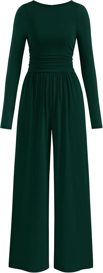 PRETTYGARDEN One Piece Jumpsuits for Women Dressy Casual Long Sleeve Crewneck Wide Leg Romper Overalls Spring Outfits 2026 (X-Small, Dark Green)