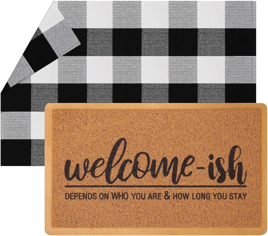 2pcs Welcome Mat Welcome Front Door Mat Black White Buffalo Plaid Check Rug Layered Funny Front Door Mat for Indoor Outdoor Entrance Home Doormats Decor (Brown)