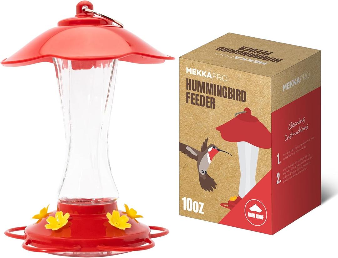 MEKKAPRO Hummingbird Feeders for Outdoors Glass - Red Hummingbird Feeders for Outdoors, Metal Ring, Bee-Proof Design, Easy Assembly, Red Hummingbird Feeder 10 oz (Modern)