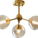 KCO Lighting Small Amber Glass Ceiling Light Bubble Sputnik Chandelier Brass Gold Semi Flush Mount Ceiling Light for Kitchen Bedroom Hallway