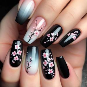 Coffin Press on Nails Medium Spring Fake Nails with Black White Gradient Designs Peach Blossom Flower False Nails Coffin Glue on Nails Acrylic Artificial Nail Tips Glue on Nails Stick for Women Girls
