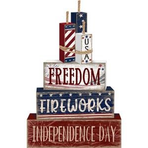 Britimes 4 Pcs Patriotic Tiered Tray Decor Set, 4th of July Table Sign Farmhouse Red White Blue Rustic Wooden Block Stack Sign for Home Fireplace Mantel (Independence Day Fireworks)