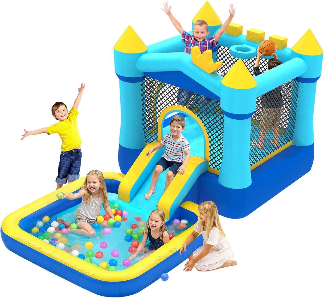 MUKDIY Inflatable Bounce House with Pool & Slide, 12x6.2ft Water Park Jumping Castle for Kids,Heavy-Duty 840D Oxford Fabric, Ages 3-8, Includes 350W Blower, 8 Stakes, (Up to 3 Kids), Light Pink