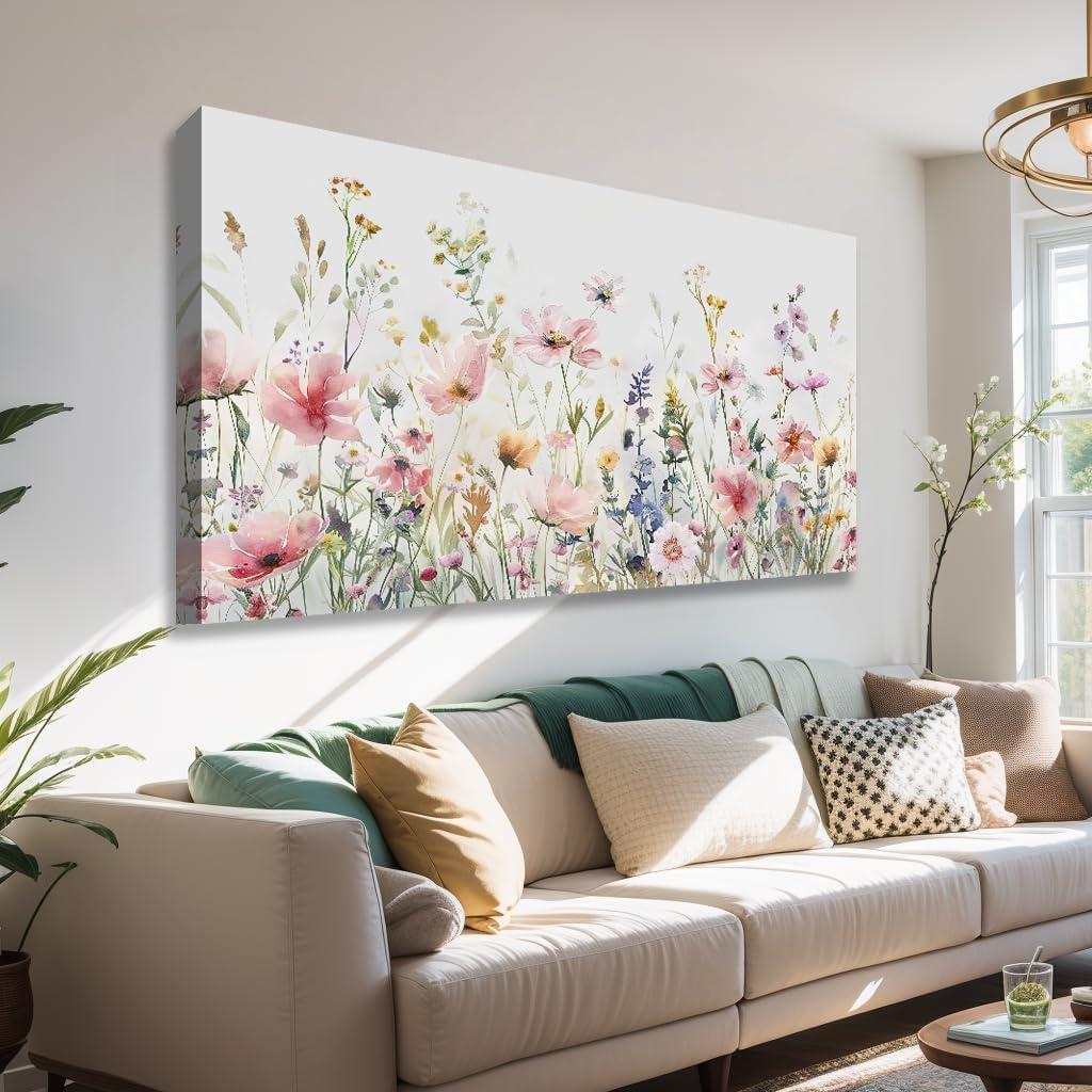 LKY ART Floral Wall Art 20 x 40 inches Watercolor wildflowers Pink Yellow Blue Flowers Canvas Print for Living Room Bedroom Office Home Decor Artwork Ready to Hang