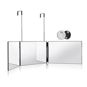 HIEEY 3 Way Mirror for Hair Cutting,360 Trifold Mirror with Height Adjustable Telescoping Hooks,and 5X Magnification,for Makeup, Hair Styling