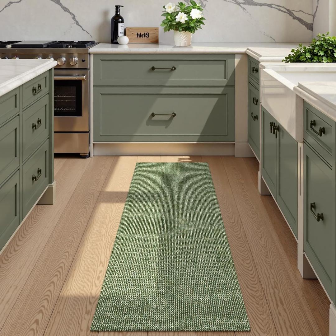 Uphome Kitchen Runner Rug, 2x4'3 Washable Boho Rug Runners for Hallways Non Slip, Low Pile Woven Cotton Modern Carpet Runners, Stain Resistant Bedroom Runner Rug for Hallway Entryway Entrance, Green