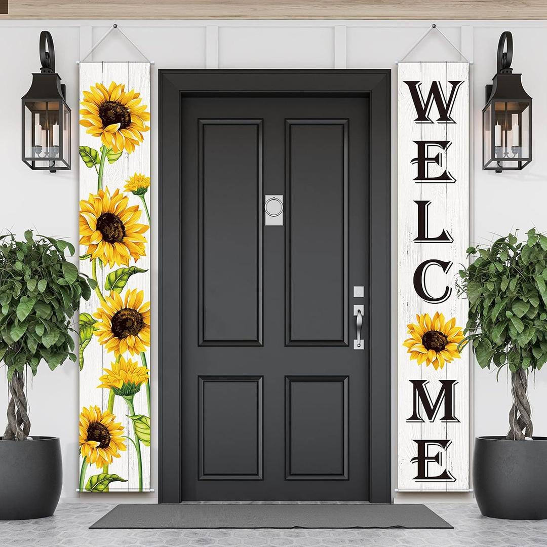 Tatuo Sunflower Welcome Hanging Banners Spring Porch Banners Flags Summer Door Hanging Decorations for Front Door Garden Home Yard Sunflower Party Decorations(White Background)
