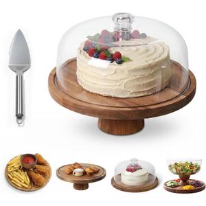 Acacia Wood Cake Stand with Dome Lid, Footed Wooden Cake Display Plate with Clear Acrylic Cover, Perfect for Birthday Parties, Weddings, Dessert Table & Home Kitchen Decor