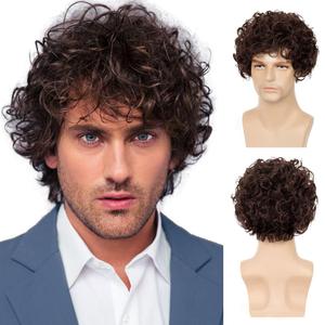 Short Curly Brown Wigs for Men Short Layered Natural Looking Hair Heat Resistant Synthetic Wigs with Wig Cap