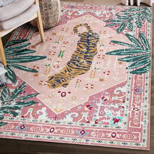 Washable Pink Rugs Boho Vintage Tropical Jungle 5x7 Area Rugs Jungle Oriental Carpet for Bedroom Kitchen Dining Living Room Office Distressed Indoor Cute Nursery Rug (4'11" x 6'11" (Rectangular))