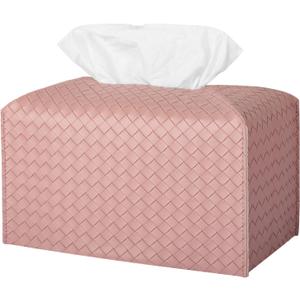Tissue Box Cover PU Leather Tissue Holder Square Facial Tissue Case Facial Paper Organizer Dispenser for Bathroom, Vanity Countertop, Tabletop, Car, Rectangle, Pink