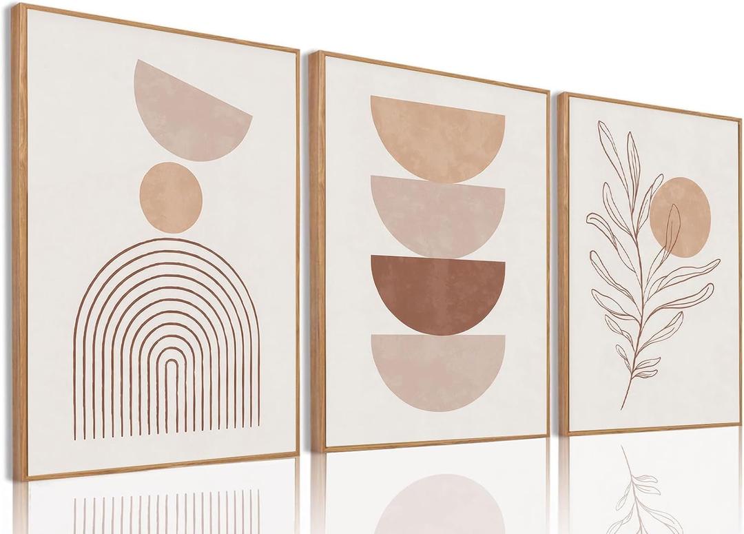 Boho Abstract Line Leaf Framed Canvas Wall Art Set of 3, 16x24 inch, 16"x24"Natural
