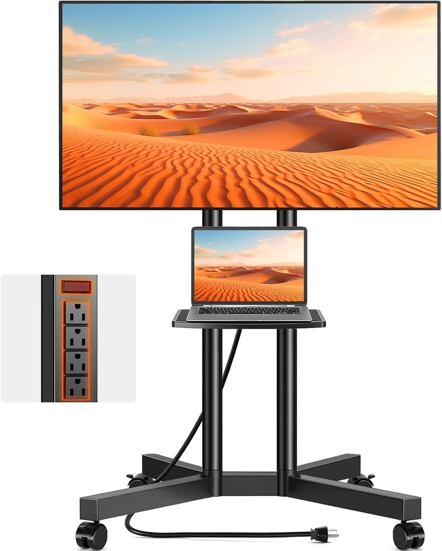 TVON Rolling TV Stand with Power Outlet for 32-75 Inch LCD LED OLED Flat Curved Screen TVs up to 88 lbs, Portable TV Stand on Wheels and Height Adjustment Max VESA 400x400mm (Black)