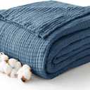 100% Cotton Muslin Blanket Queen 90" x 90", 6 Layers Breathable and Lightweight Cotton Throw Blanket for Bed, Soft Quilt Bedspread Coverlet, Gauze Blanket for Adults All Season, Blue
