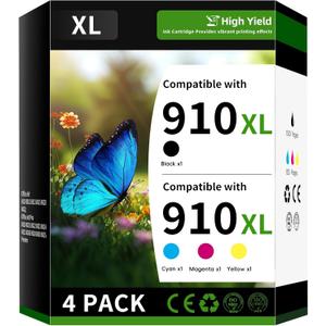 910XL Ink Cartridge Combo Pack Compatible Replacement for HP 910XL Ink Carridges Combo Pack Works with OfficeJet 8010 8012 OfficeJet Pro 8020 8021 (4 Pack, Black Cyan Magenta Yellow)