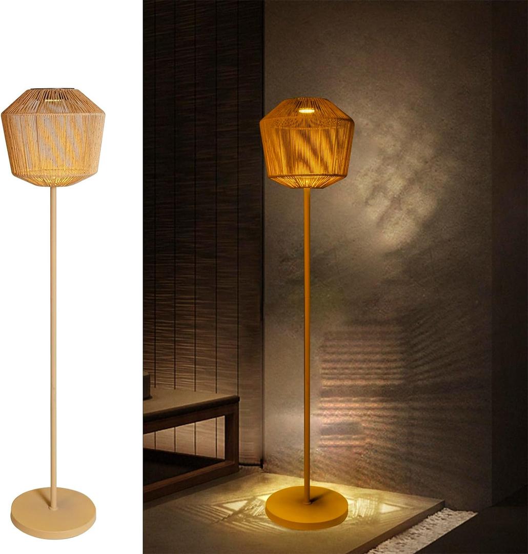 Outdoor Solar Floor Lamp, Large Natural Rattan Lantern with Metal Pole and Base, Waterproof Lamp for Patio Yard Garden Wedding Home Decoration