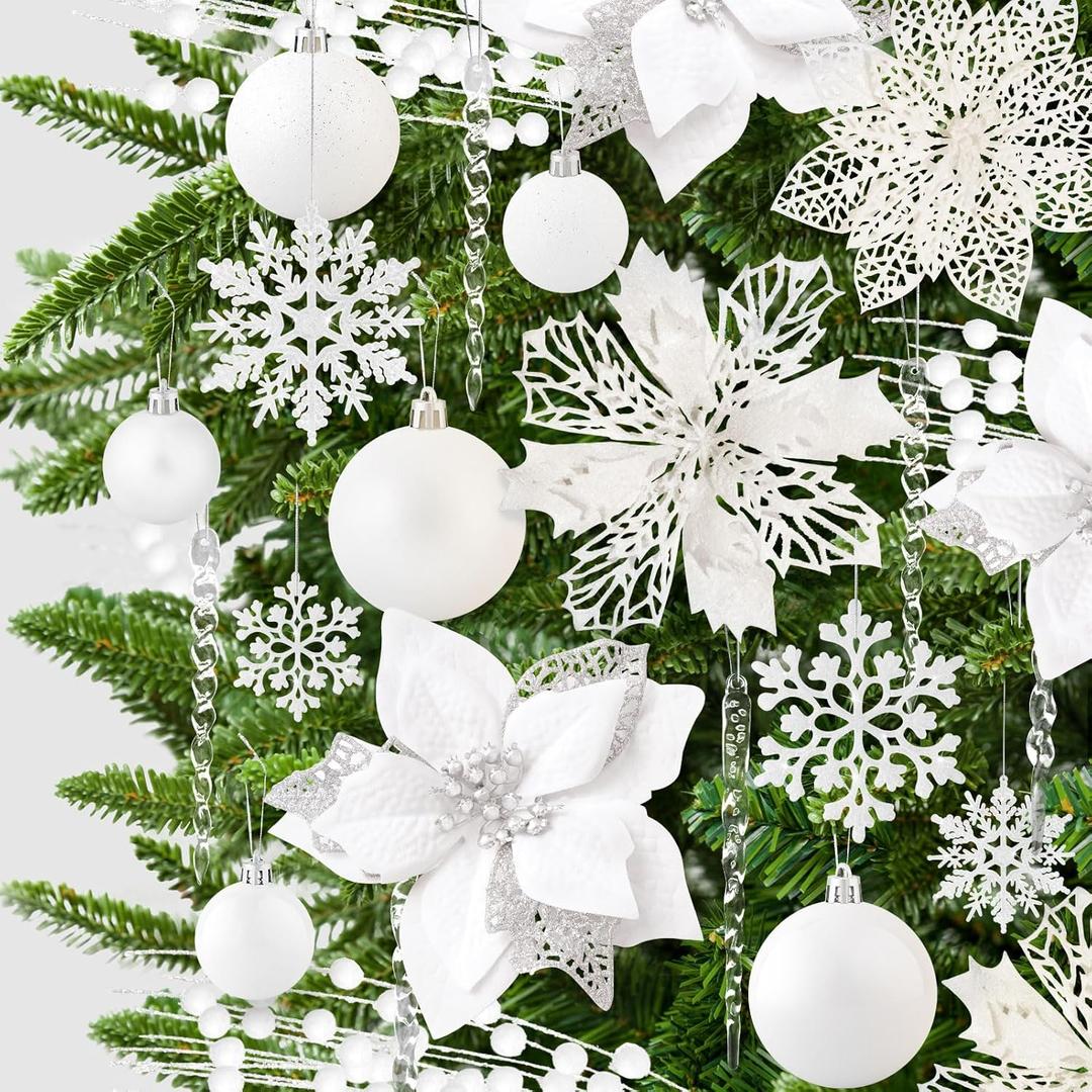 92pcs Set of Christmas Ball Ornaments, Crystal Hanging Snowflake Drop, Xmas Glitter Poinsettia Flowers, Artificial Stems for Christmas Tree Decoration Holiday Wedding Home Party Decor (White)
