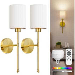 NIORSUN Battery Operated Wall Sconce Set of 2, Gold Wireless Rechargeable Wall Lights with 5200mAh Dimmable Detachable Bulbs and Remote, 9 Colors Sconces Wall Decor for Bedroom Living Room Hallway (20.67 inch)