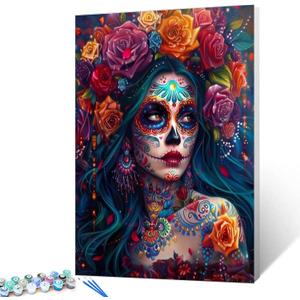 Skeleton Makeup Paint by Numbers Kits for Adult Day of The Dead Halloween Woman Painting Kits Sugar Skull Paint by Numbers Kits on Canvas Perfect for Gift Home Wall Decor Without Framed 16''W x 20''H (Skull Girl-04)