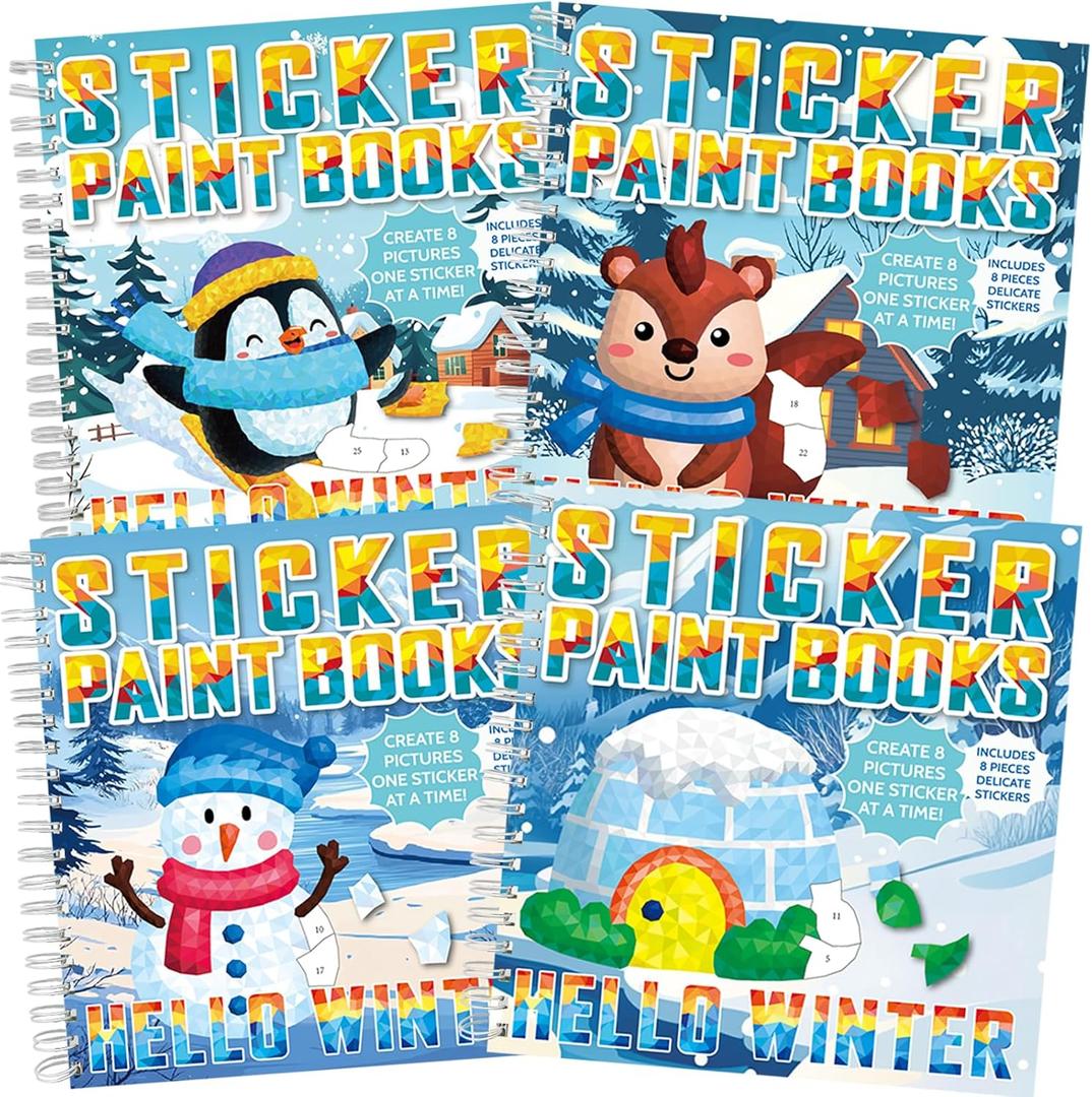 4Pcs Winter Paint by Sticker Books Hello Winter Sticker by Number Books Activity Book Puzzle Book Craft Art Toddler Gift with Igloo Snowman Penguin Squirrel 32 Pictures