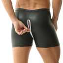 Men's Faux Leather Boxer Shorts Rave Shorts Zipper Closed Open Front and Back Short Pants Clubwear (Black, M)