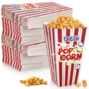 Covzoe 100 Pack Popcorn Box, 46 Oz Large Open Top Popcorn Containers Disposable, 7.9 Inch Tall Classic Stripe Popcorn Bowls Bucket Bulk for Movie Night, Paper Treat Snack Box for Party Decorations