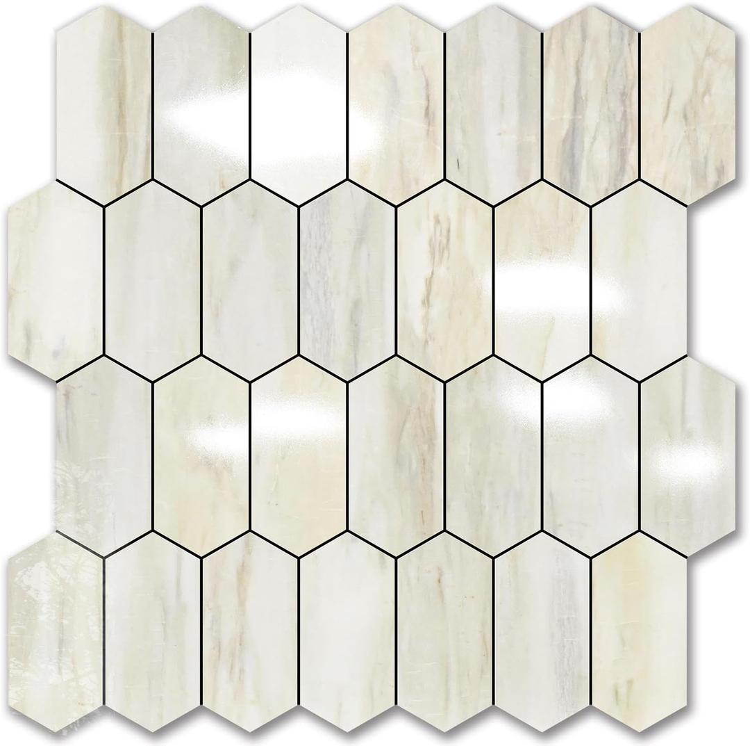 Vamos Tile Long Hexagon Peel and Stick Backsplash Tile - 10 Sheets Stick on Backsplash for Kitchen and Bathroom 12.4 x 12 Inch Glossy Wood Grain PVC Self Adhesive Mosaic Wall Tiles